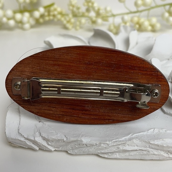 Rare Vintage Wooden Hair Barrette Oval Wooden Disk With Two Sea Horses - Picture 3 of 16